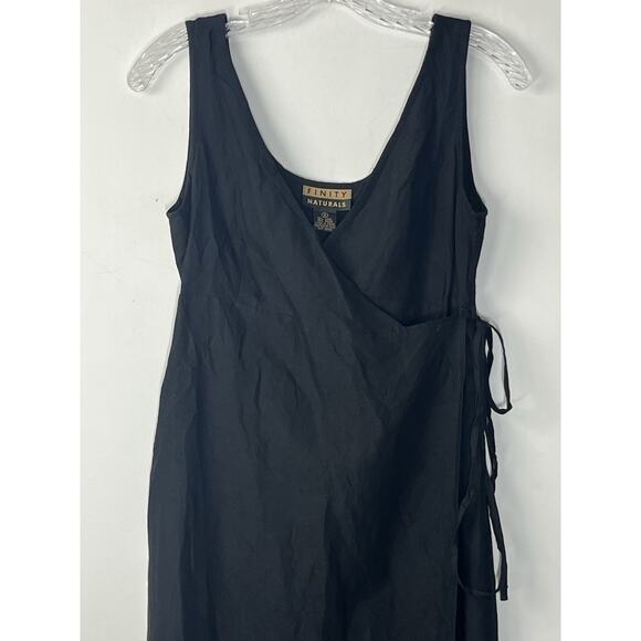 Finity Naturals Linen Blend Midi Wrap Dress Size 4 Black V Neck Sleeveless Tie - Picture 3 of 12